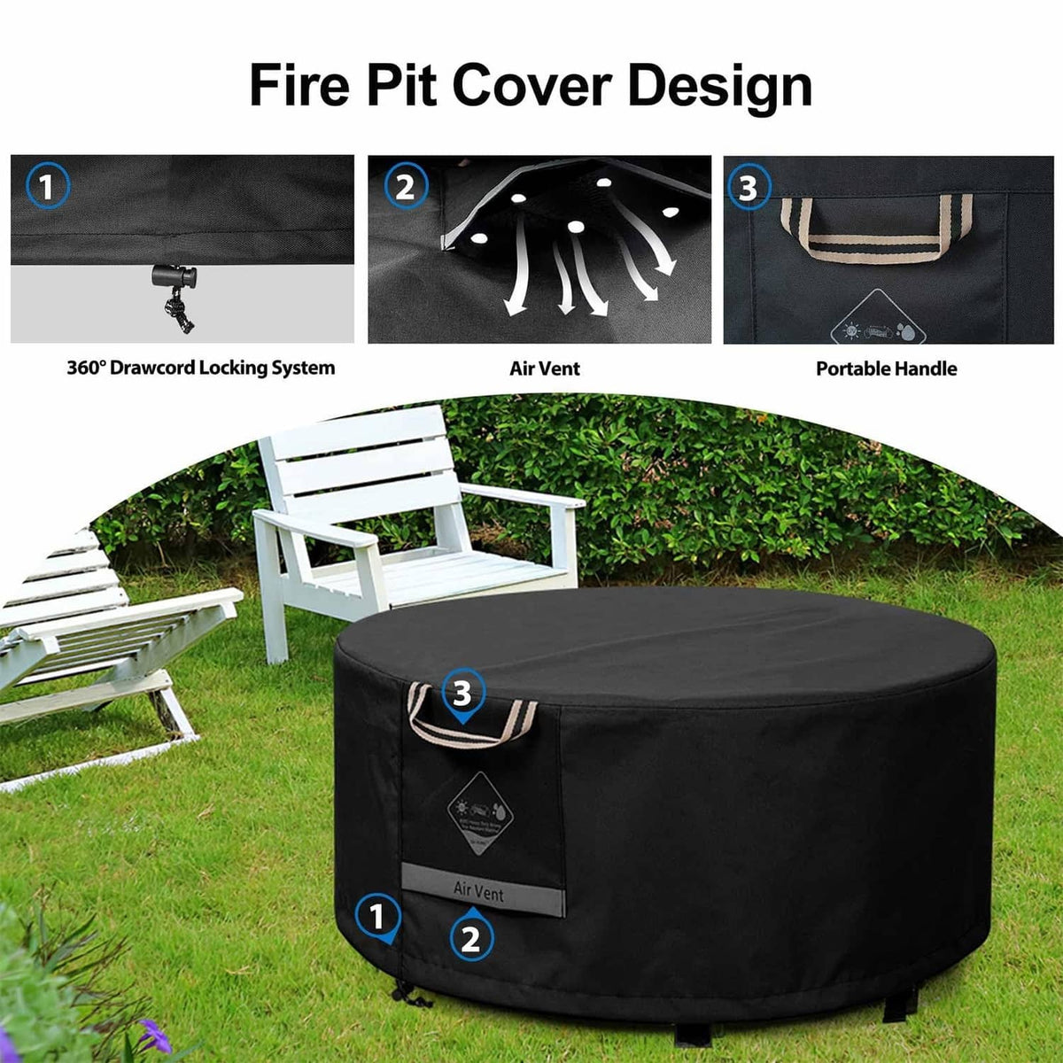 Black round fire pit cover with 360° drawstring lock system, air vent, and handle