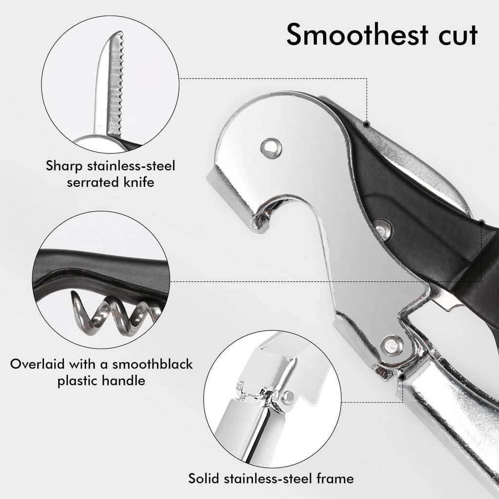 Waiter's corkscrew with serrated foil cutter and smooth black handle, chrome frame