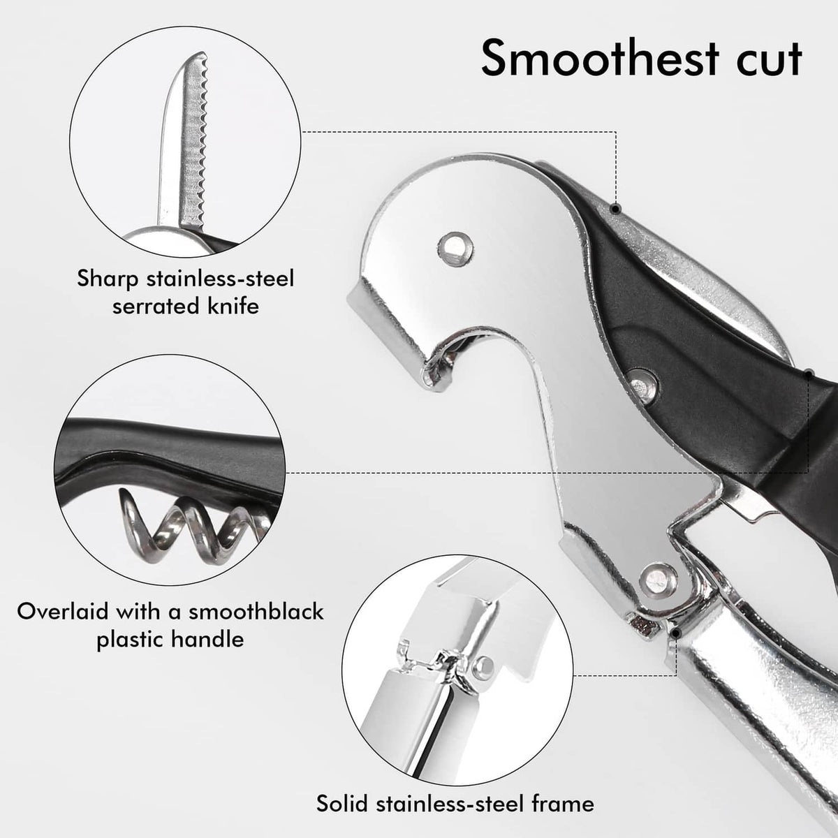 Waiter's corkscrew with serrated foil cutter and smooth black handle, chrome frame