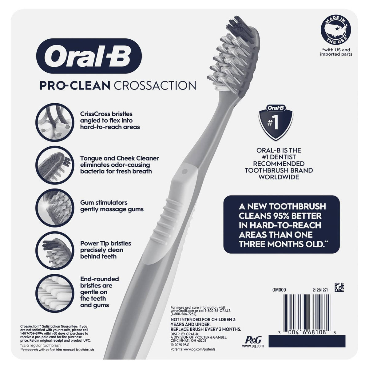 Oral-B Pro-Clean CrossAction toothbrush on pack back, soft bristles, blue-gray handle