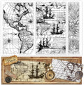 Clear silicone stamp set with vintage world map, sailboats, and contour line panels