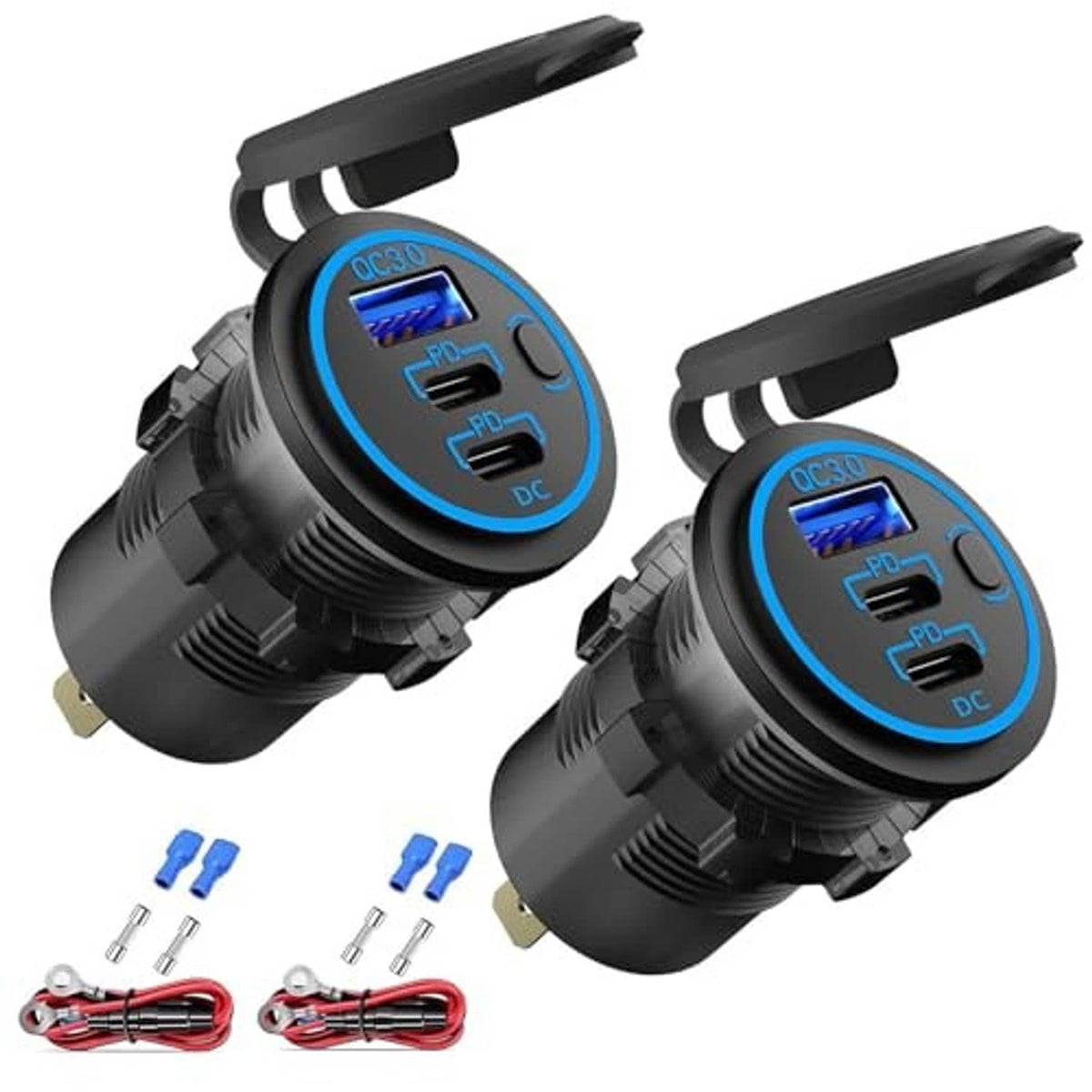 Wired 12V USB outlet charger, dual USB-C PD3.0, black 2-pack, showing QC/PD ports