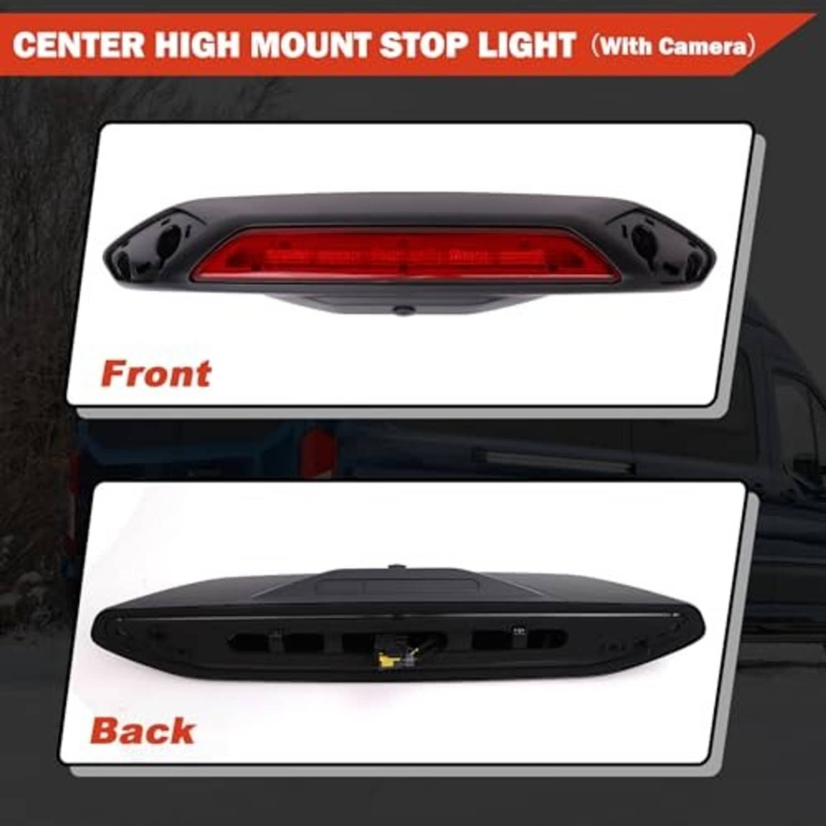 Third brake light assembly front and back views with red lens and camera module