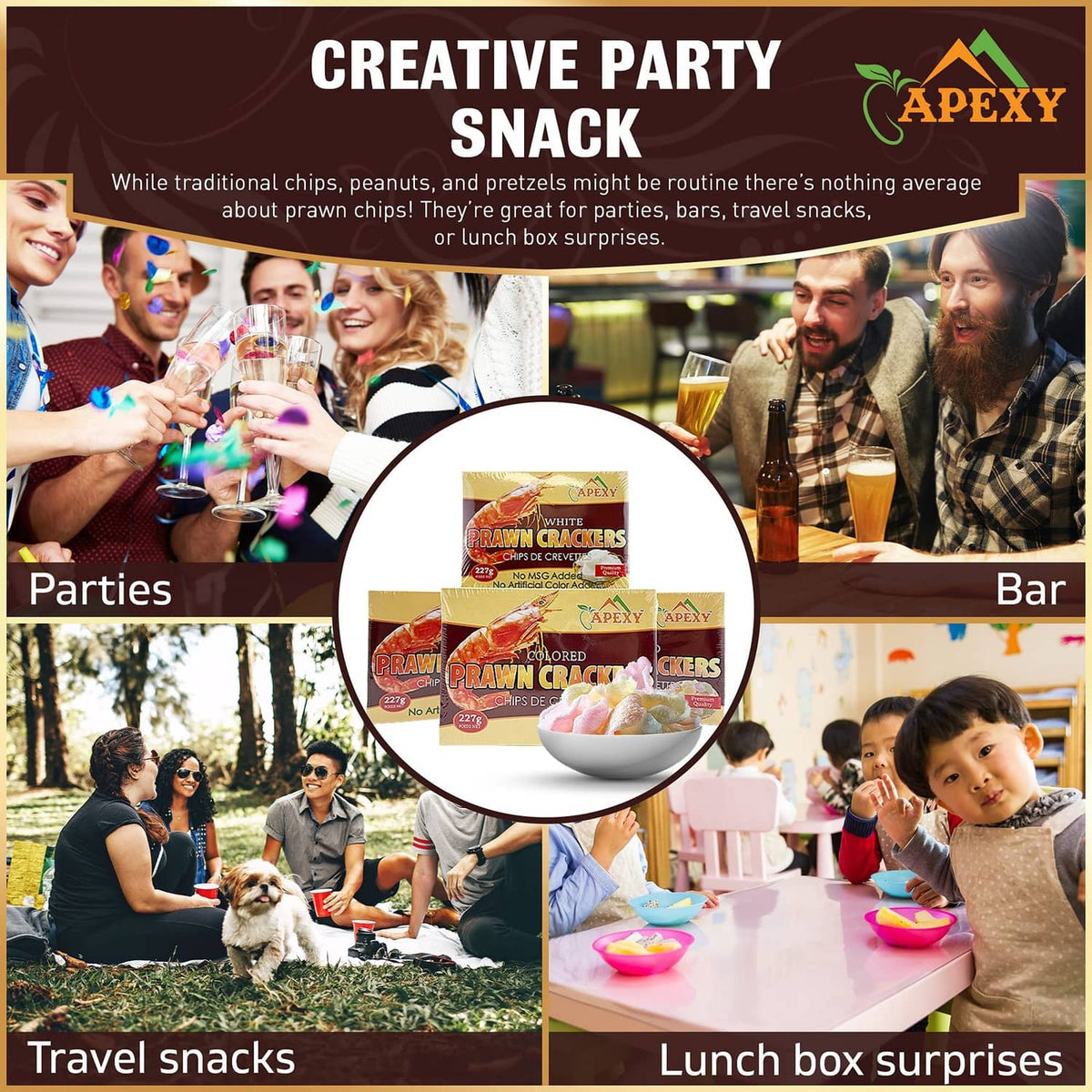 Apexy prawn crackers chips product display with bowl of colored chips