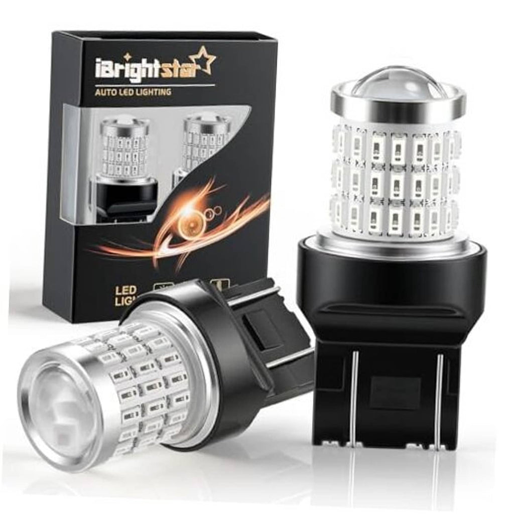 LED brake light bulbs with white LED array lens and black base, shown as a pair