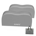 Grey dual axle RV tire covers (2) with RVMATE logo and matching storage bag