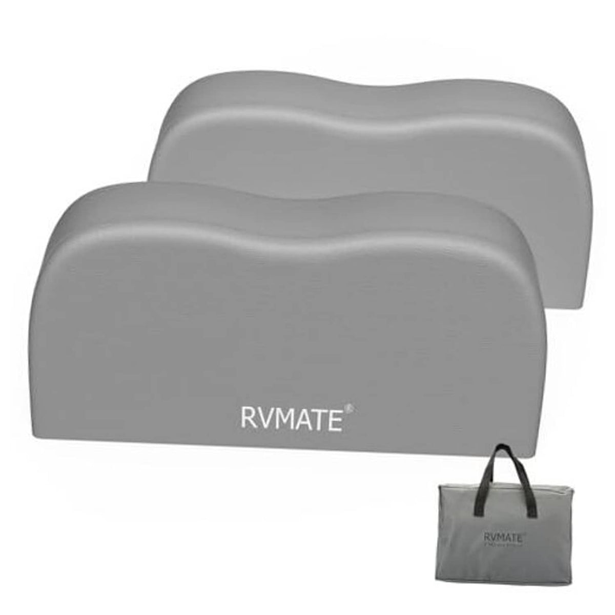Grey dual axle RV tire covers (2) with RVMATE logo and matching storage bag