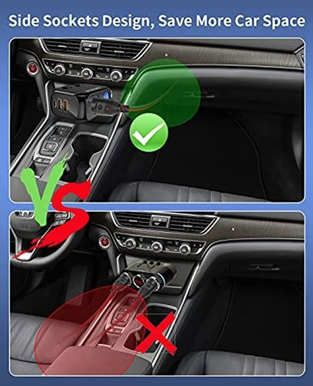 Car lighter splitter plugged into vehicle console, showing two blue side sockets