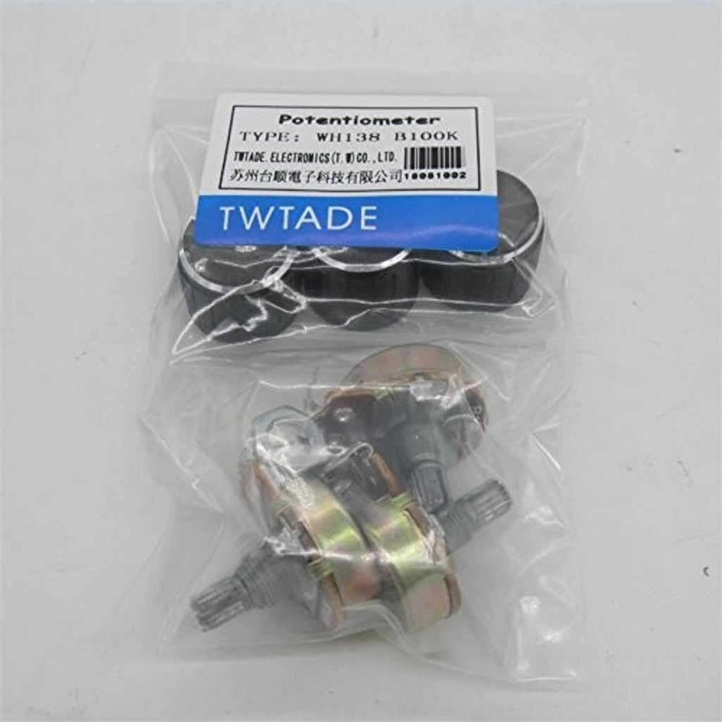 Packaged WH138 single-turn rotary potentiometer, 100k ohm, black knob and terminals