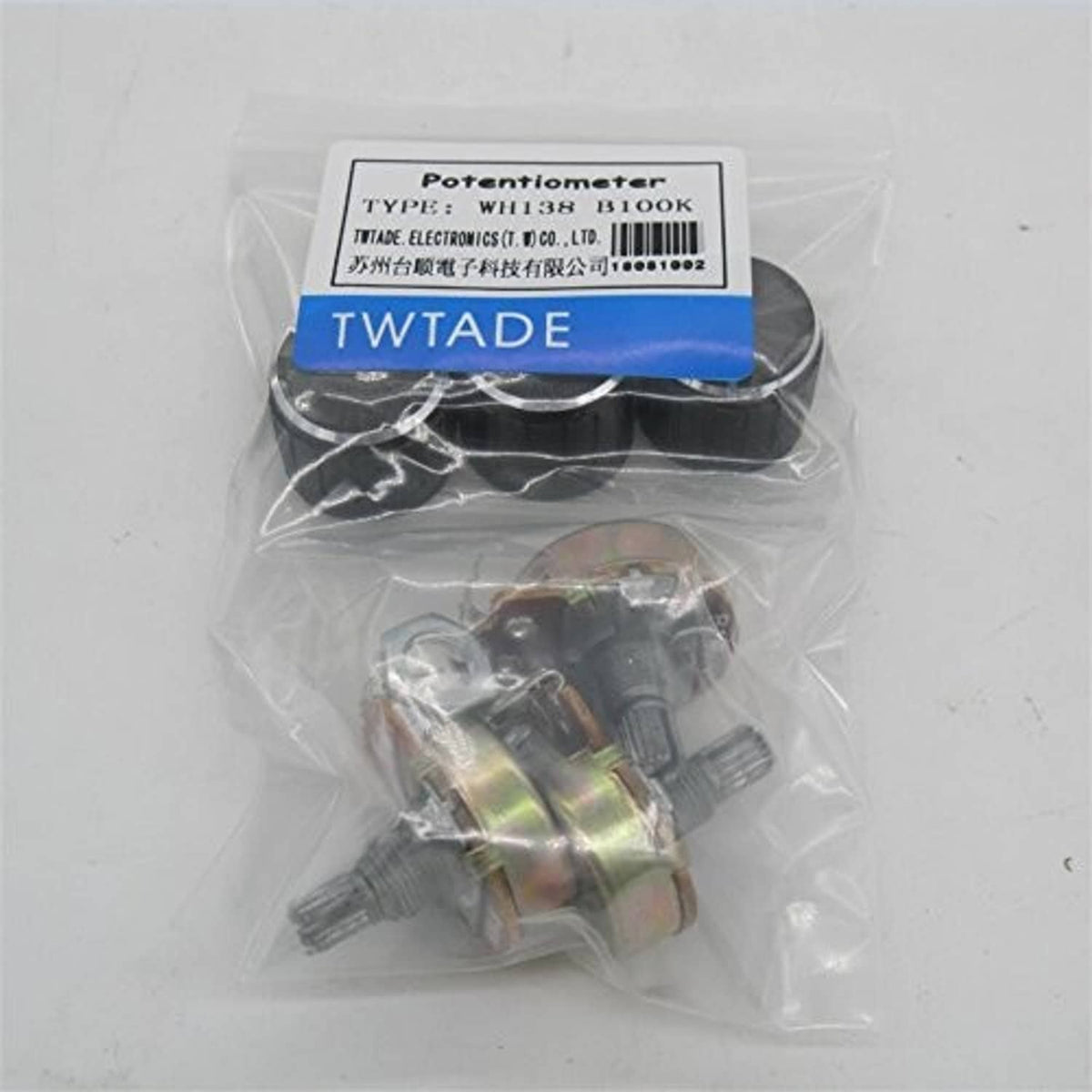 Packaged WH138 single-turn rotary potentiometer, 100k ohm, black knob and terminals