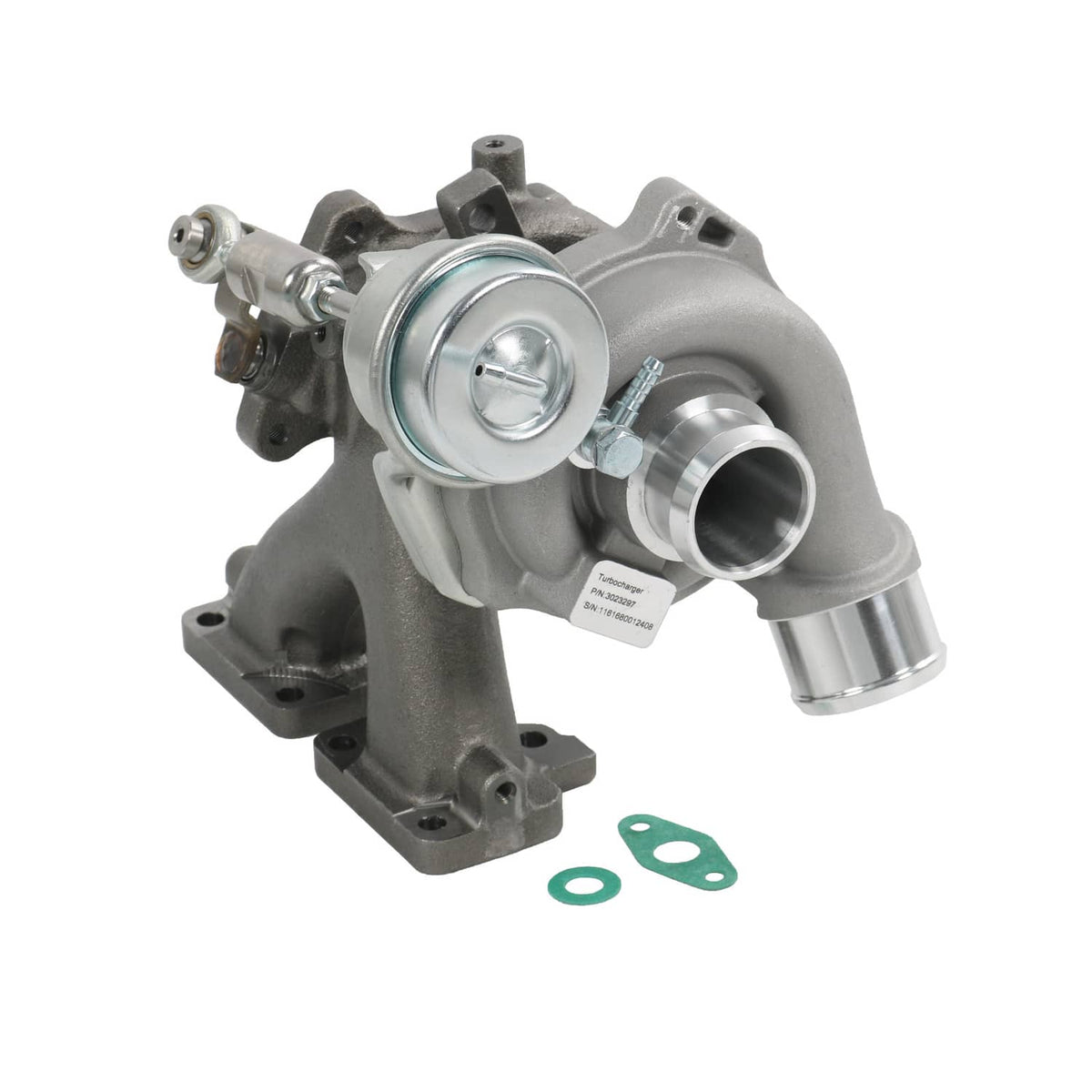 Billet turbocharger assembly with silver inlet pipe and mounting bracket