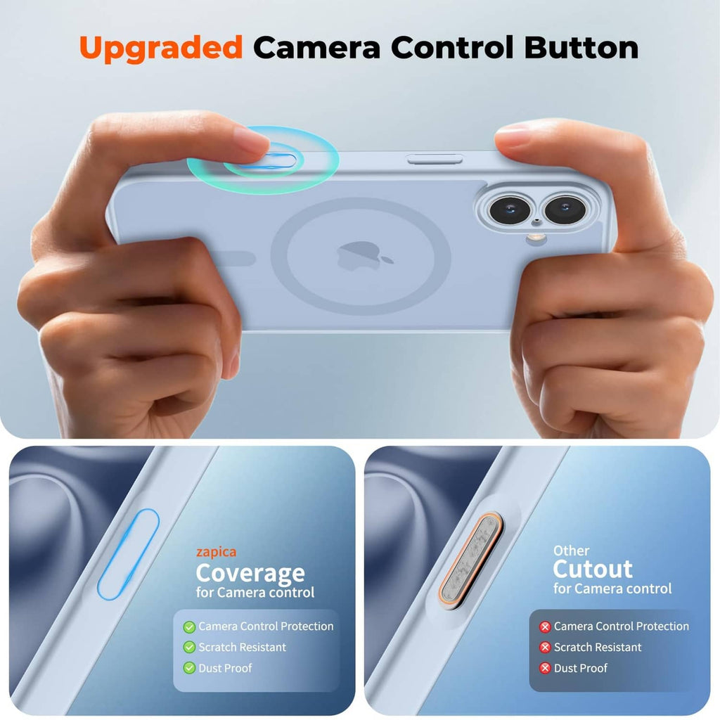 Silver blue iPhone 16 Plus phone case with covered camera control button
