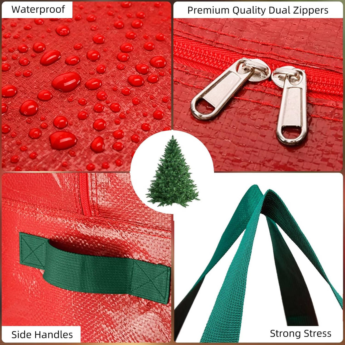 Red waterproof Christmas tree storage bag with dual zippers and metal zipper pulls