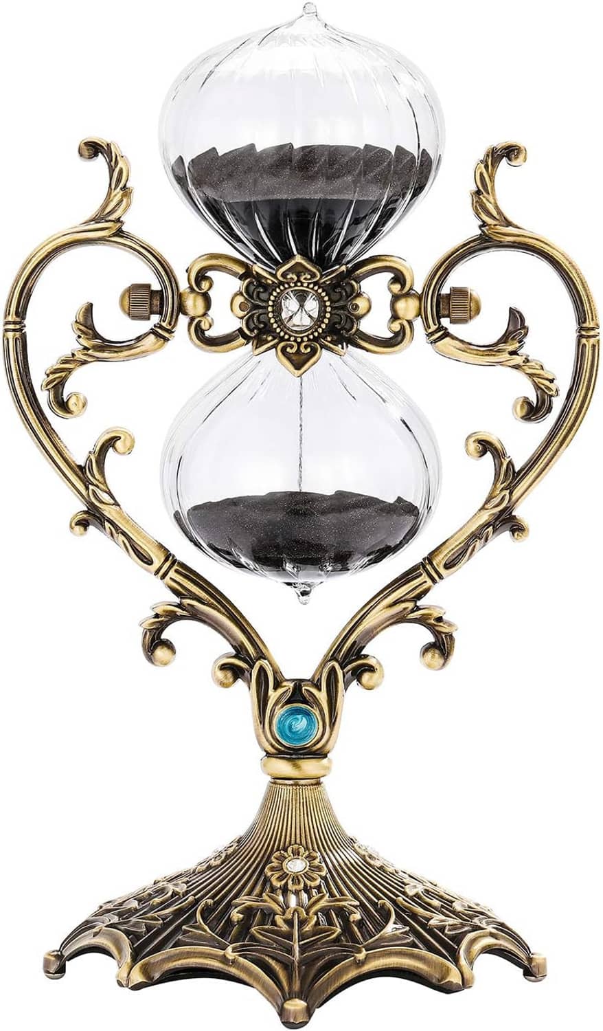 Rotating hourglass timer with dark sand, antique brass pedestal, and blue decorative gem