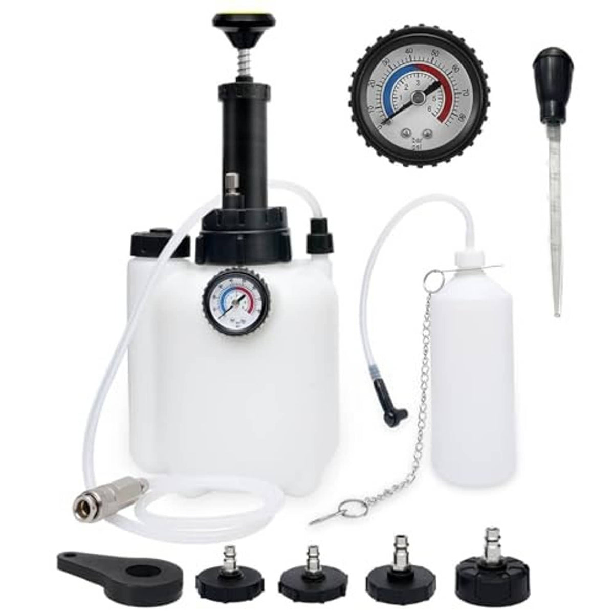 Brake bleeder kit with pressure pump, analog gauge, catch bottle, and nozzle tools