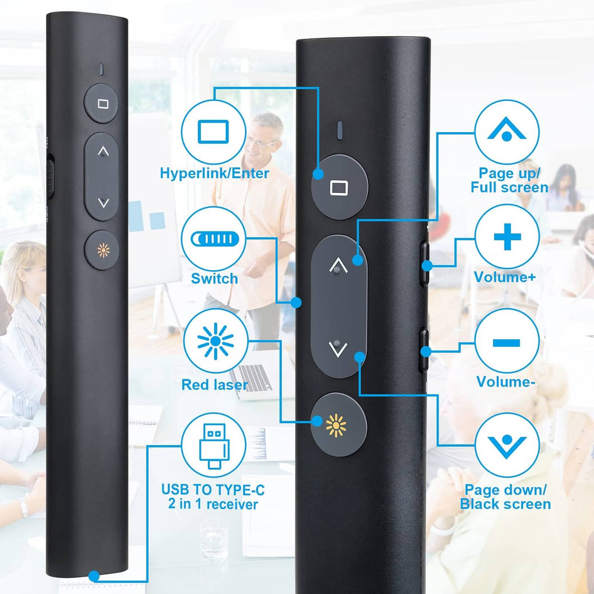 Black presentation clicker remote with multi-button controls for page and volume actions