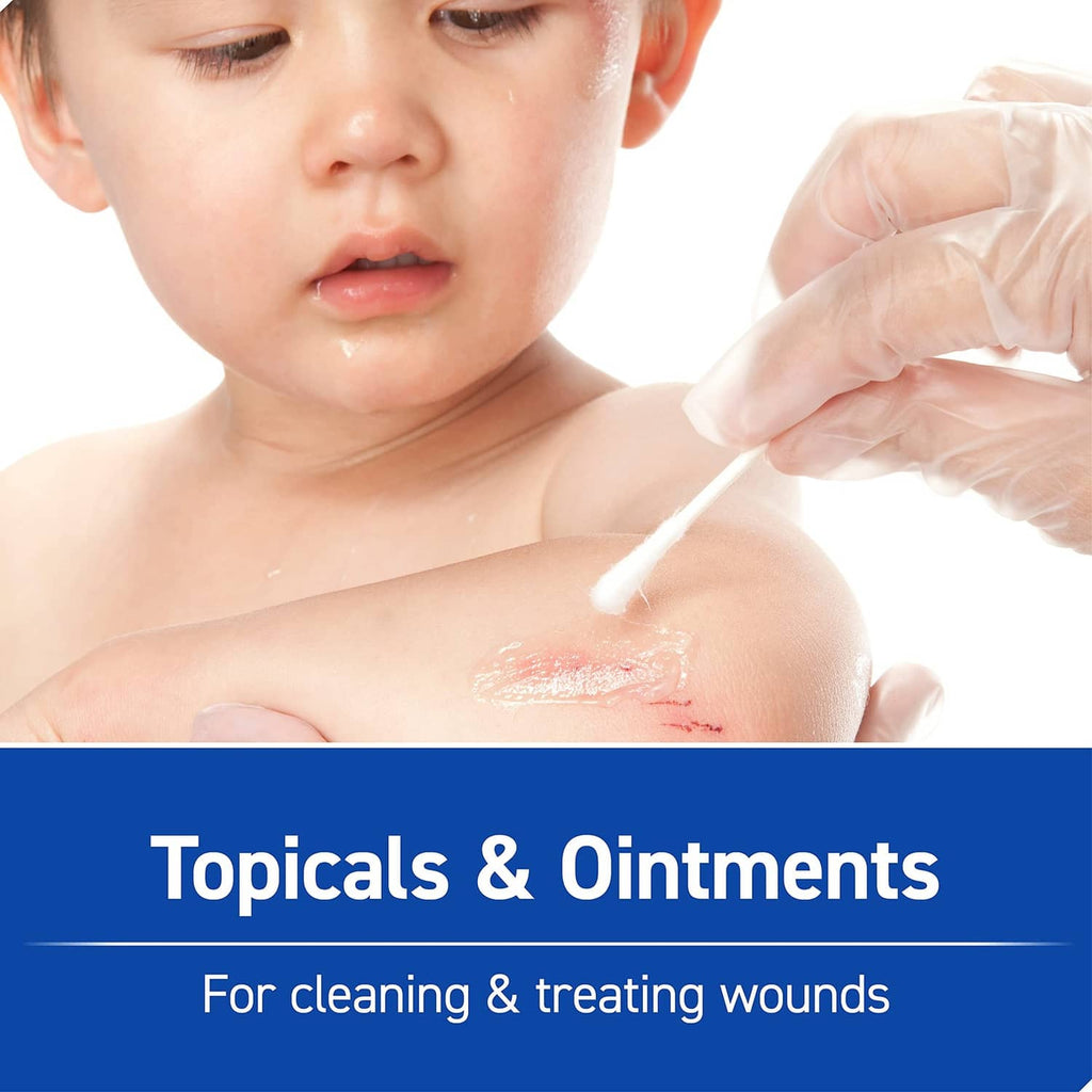 Topicals and ointments care graphic with hand applying ointment to a child’s minor skin area