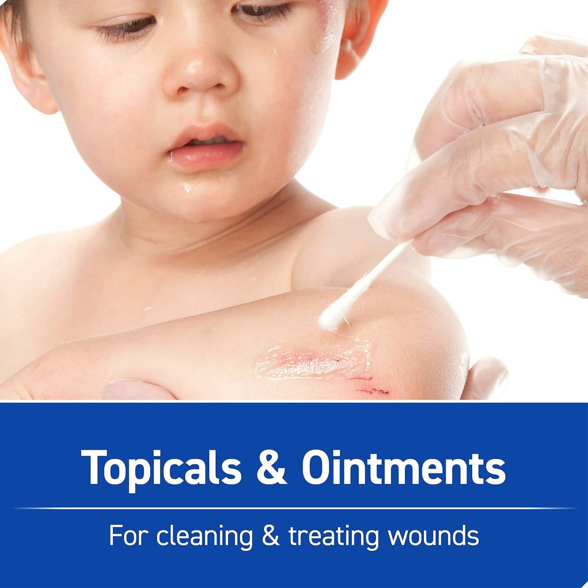 Topicals and ointments care graphic with hand applying ointment to a child’s minor skin area