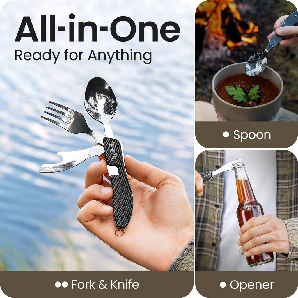 Hand-held black 4-in-1 camping utensil with fork and spoon, compact folded design