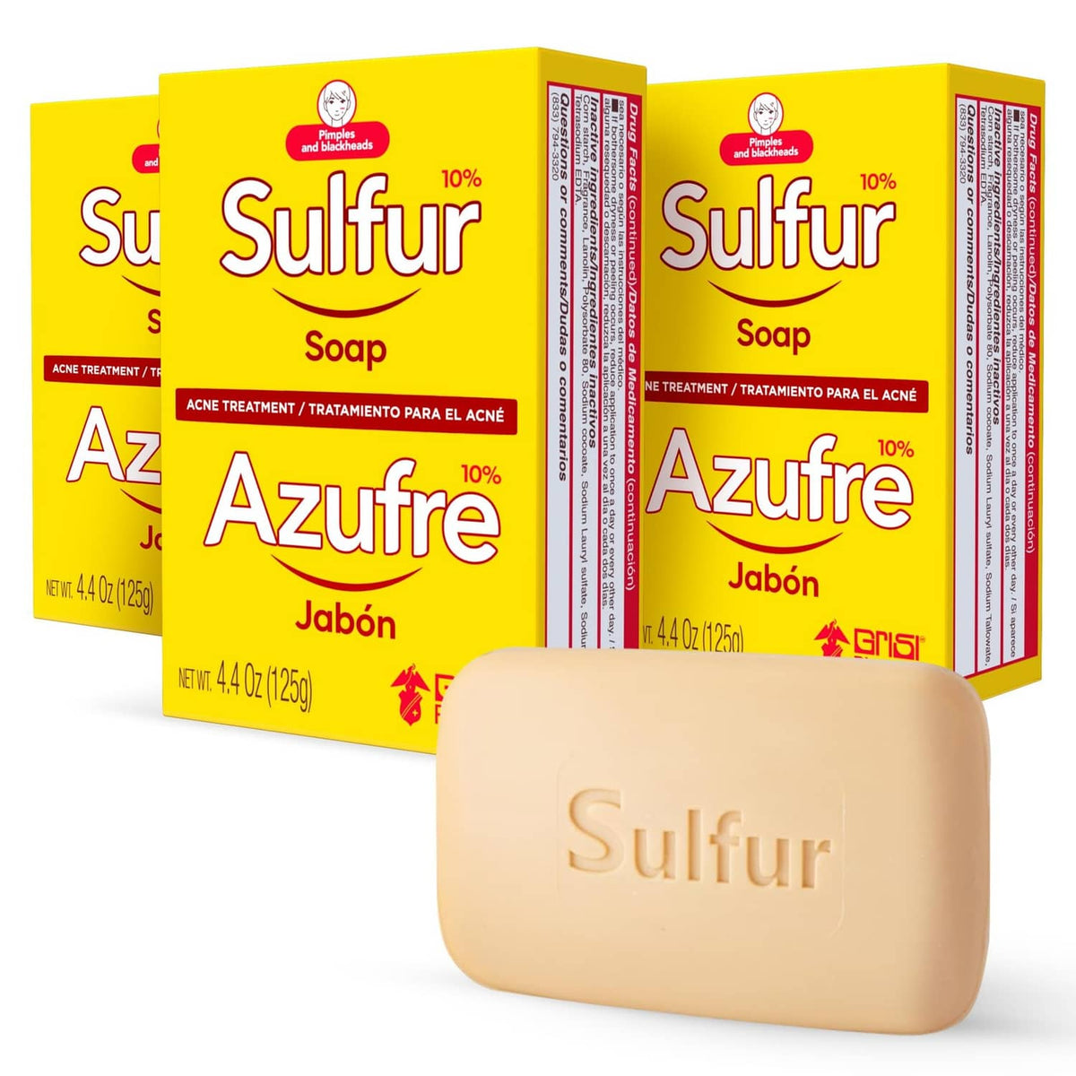 Cream sulfur acne treatment soap bar with yellow product boxes