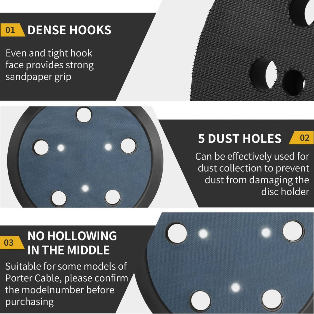 Hook-and-loop sanding pad with dense hooks and five dust holes for cleaner dust collection