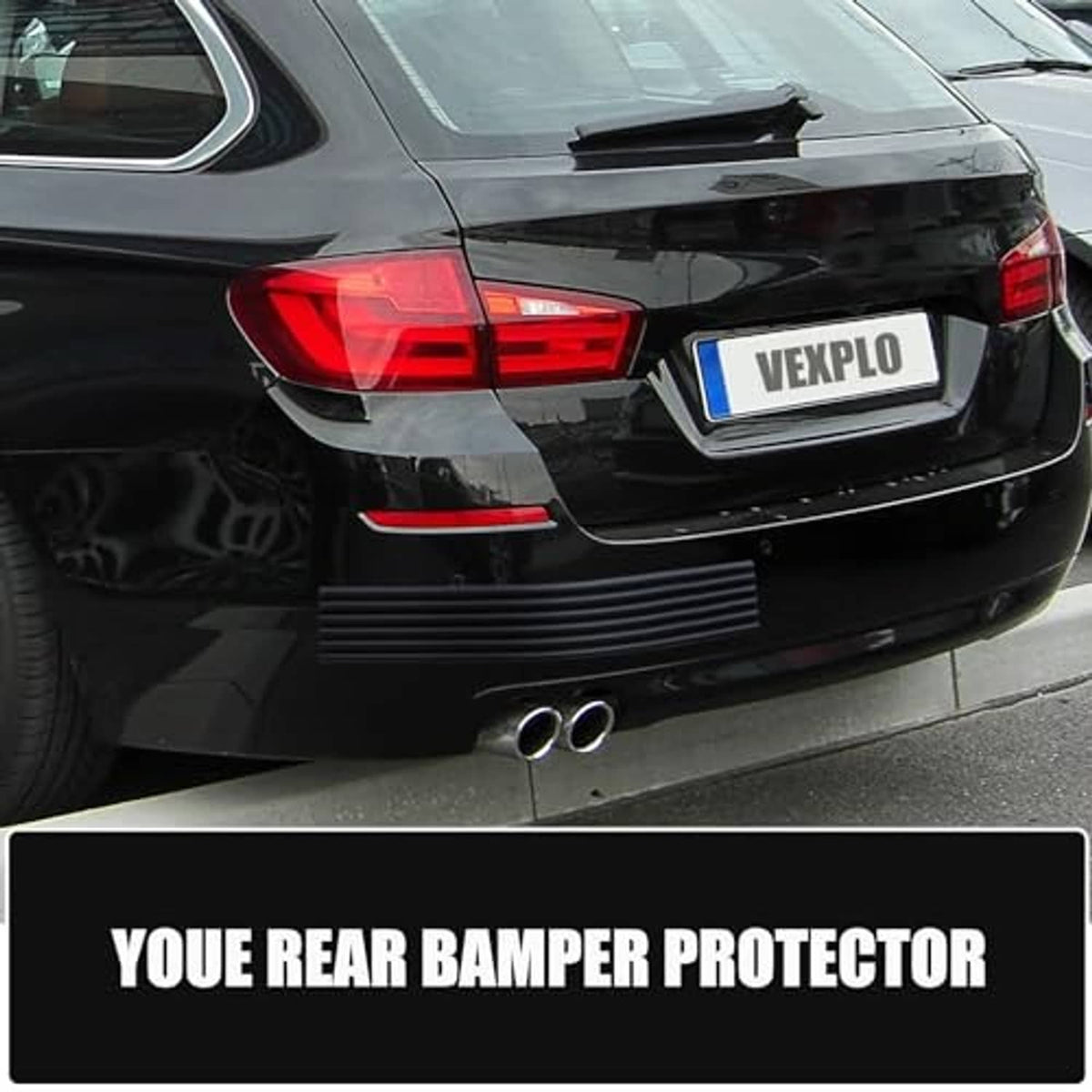 Black rear bumper protector strip installed on car, ribbed rubber guard