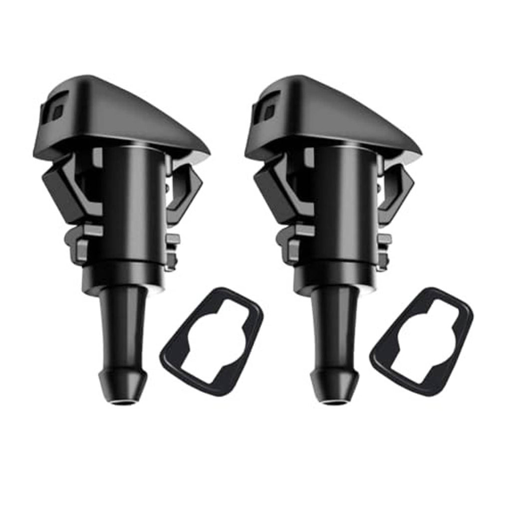 Two black windshield washer nozzles with mounting brackets and white spray seals