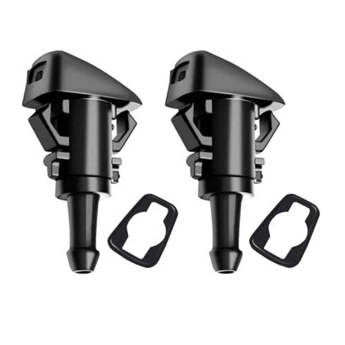 Two black windshield washer nozzles with mounting brackets and white spray seals