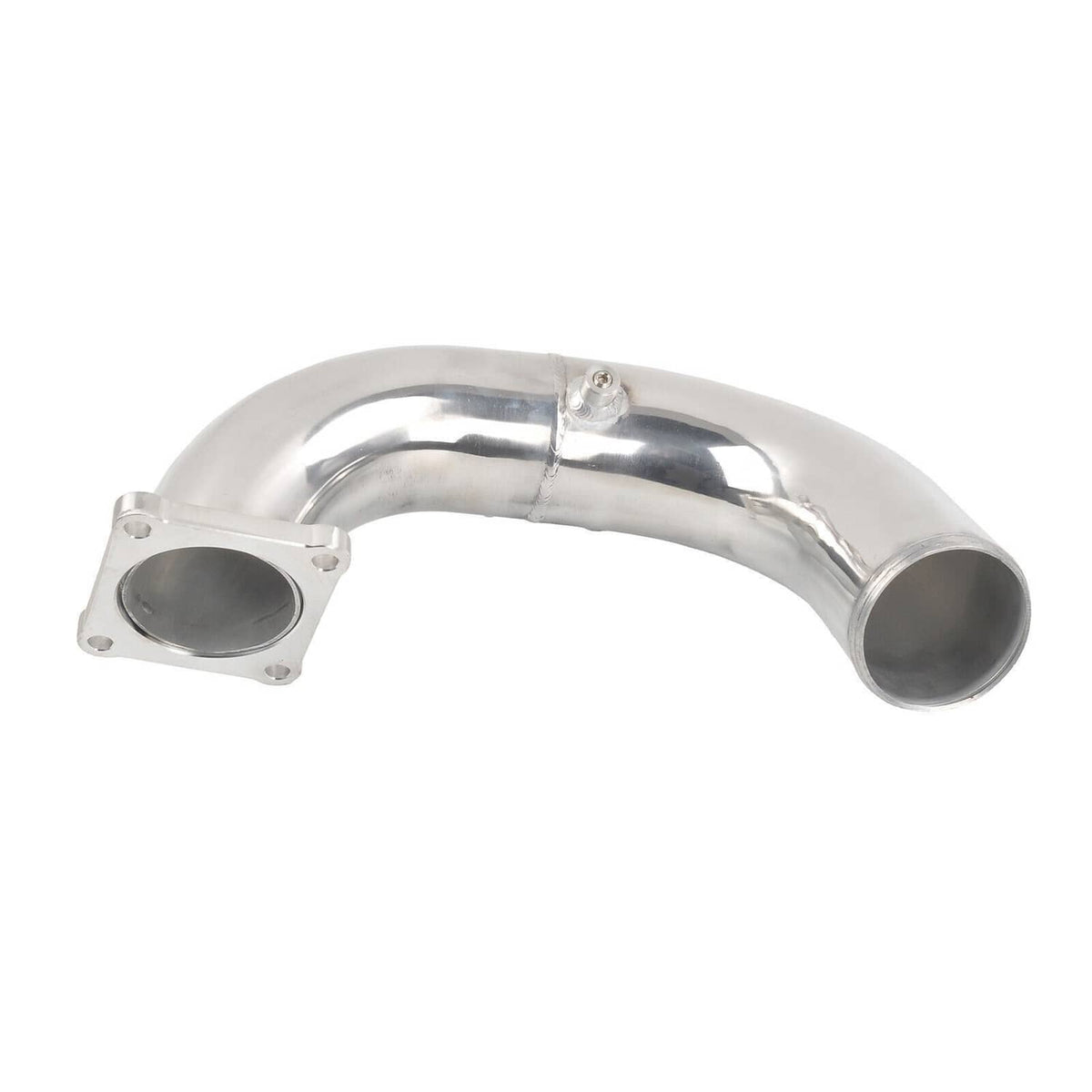 Polished air intake elbow charge pipe with two flange openings and curved stainless tube
