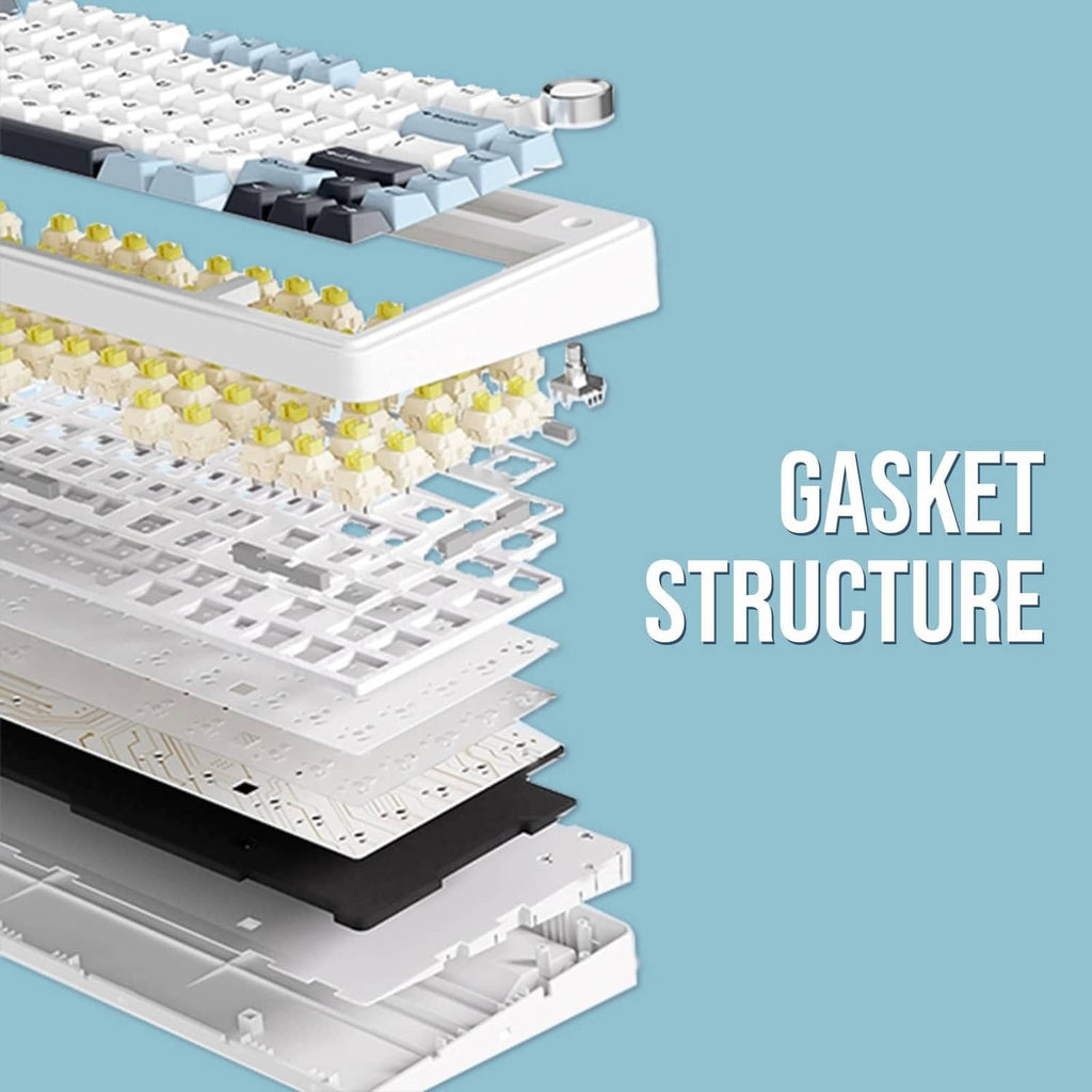Gasket mechanical keyboard structure with layered plates and switch housing components