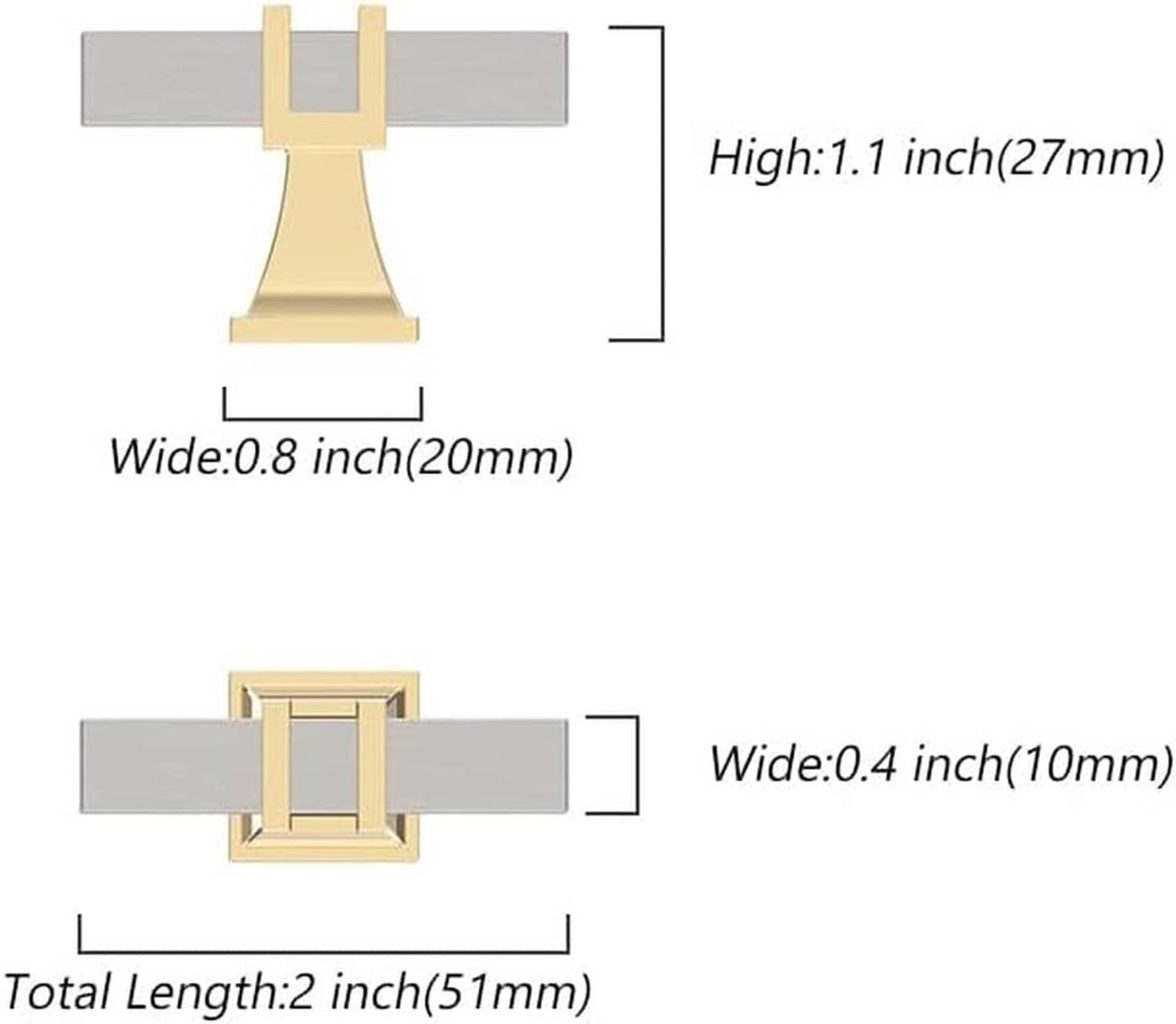 Gold and brushed satin nickel cabinet knobs with height and width size diagram