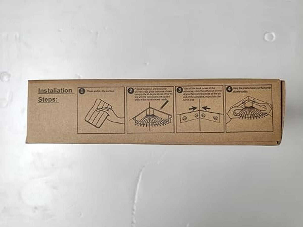 Orimade corner shower caddy box showing installation steps diagram