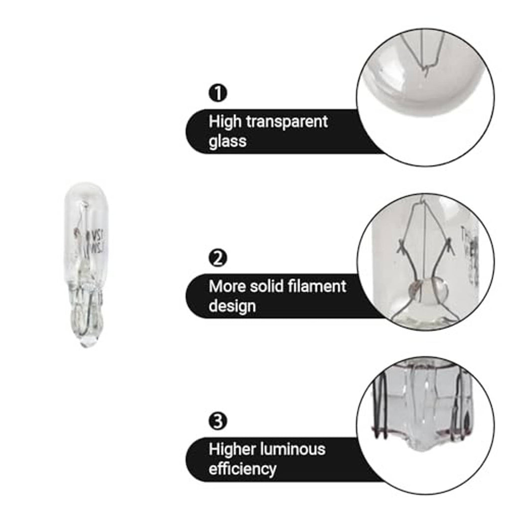 T5 white wedge bulb close-up diagram showing clear glass and filament details
