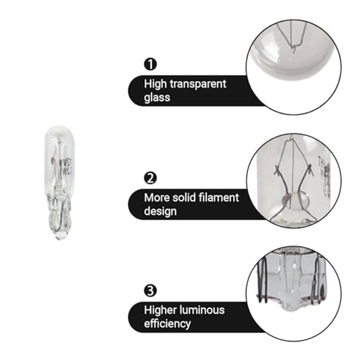 T5 white wedge bulb close-up diagram showing clear glass and filament details