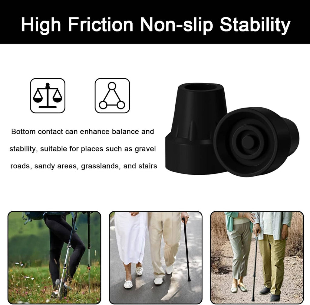 Black rubber crutch tip pair with non-slip bottom for stable cane or crutch use
