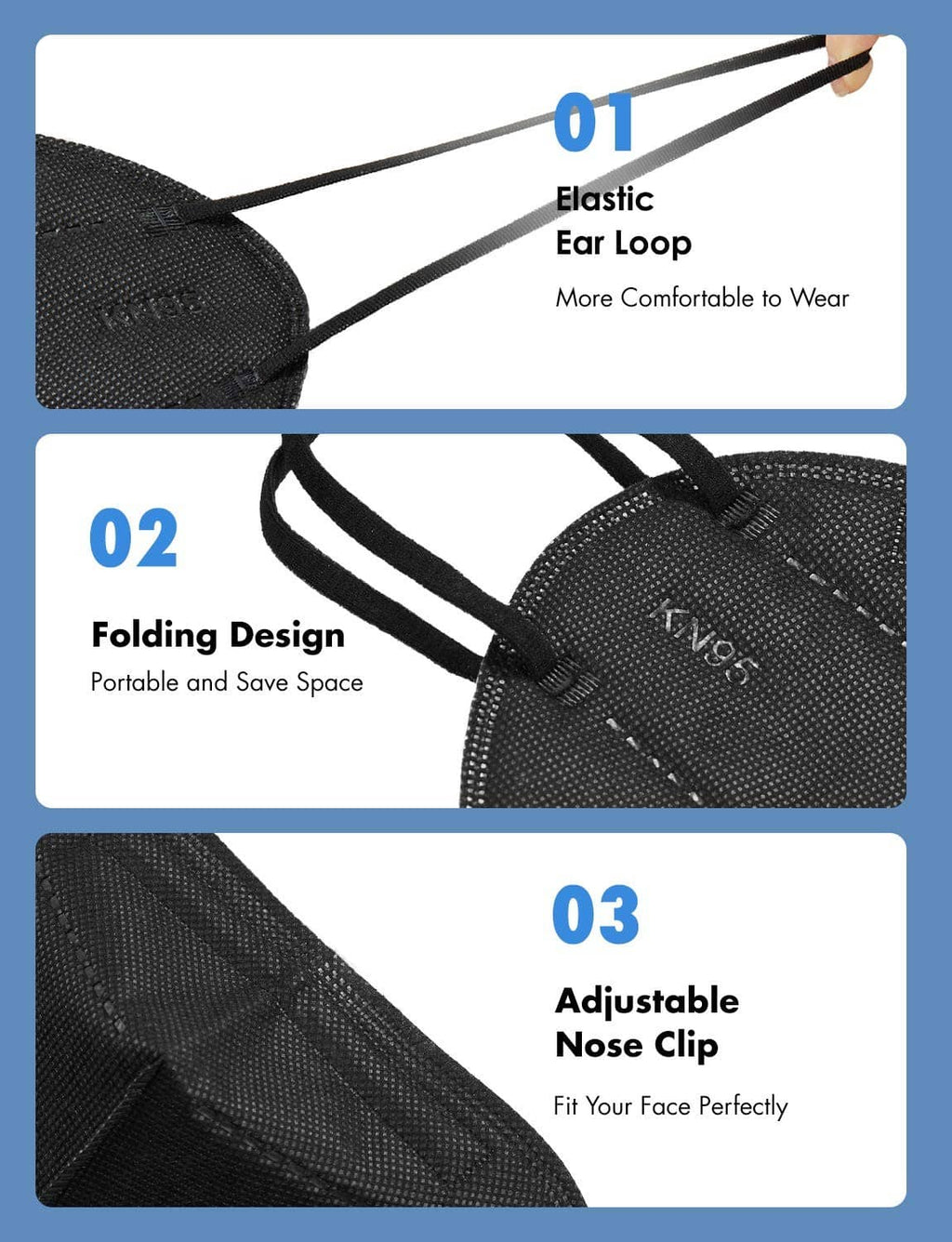 KN95 face mask close-up: black elastic ear loops, fold design, adjustable nose clip