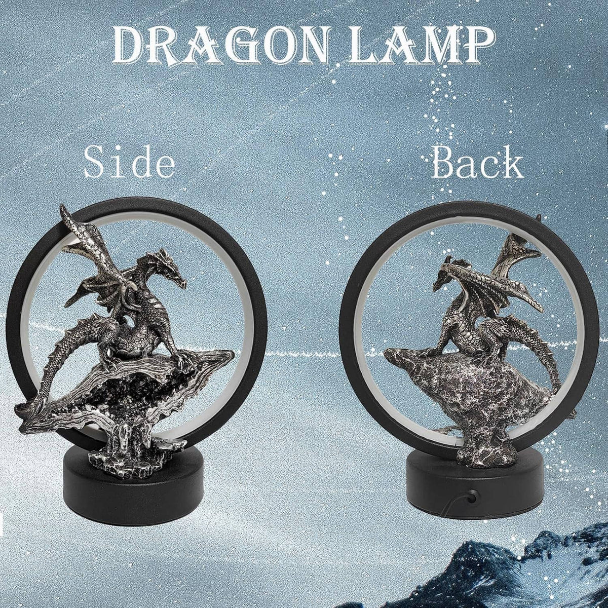 Dragon LED circle lamp shown from side and back angles, silver dragon on glowing ring