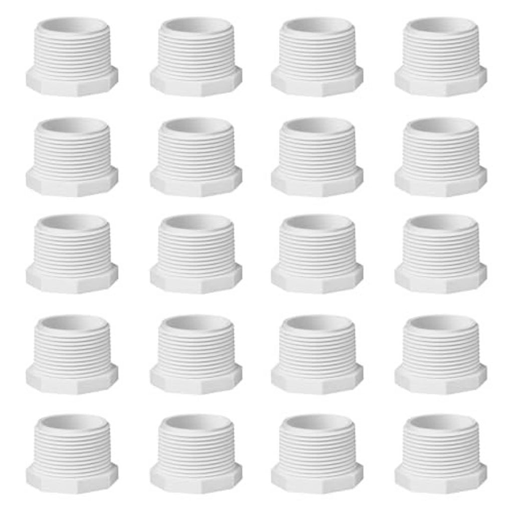 Multiple white PVC male threaded cleanout plug drain end caps with hex outer surface