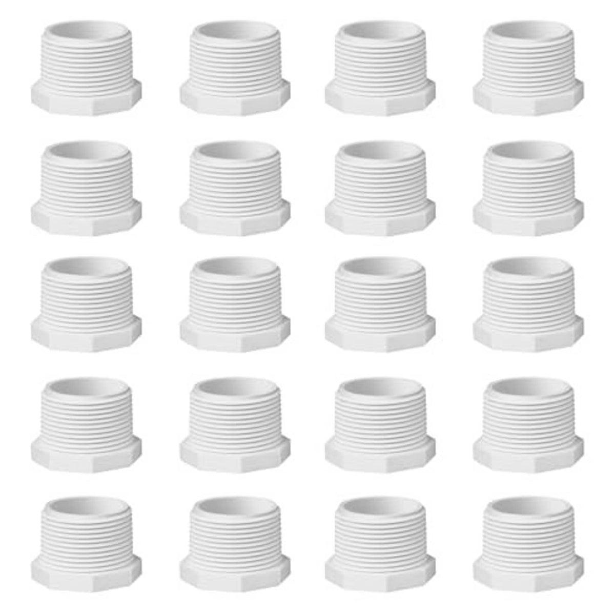 Multiple white PVC male threaded cleanout plug drain end caps with hex outer surface