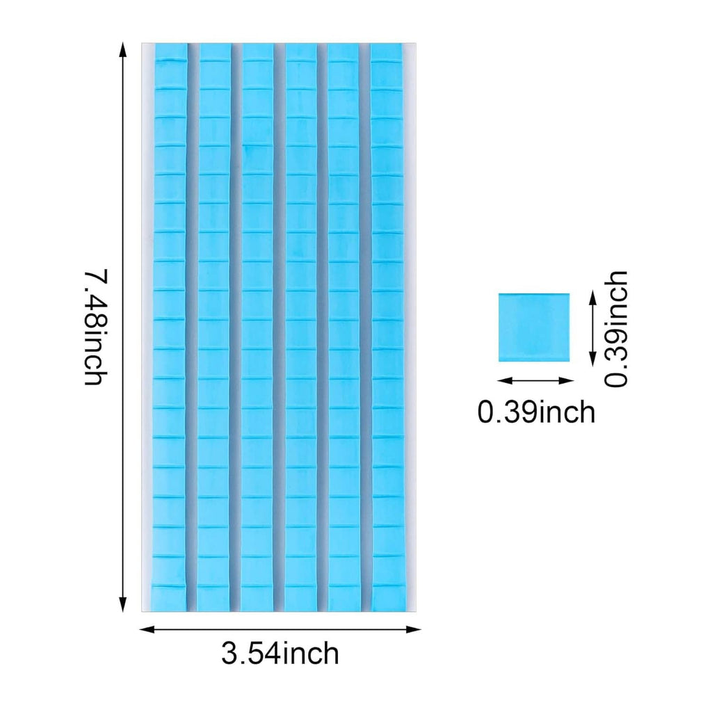 Blue adhesive putty strip sheet with size diagram; reusable removable sticky tack