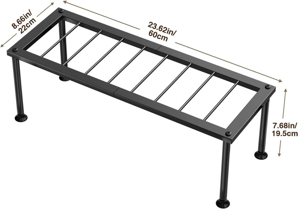 Black metal long rectangular 1-tier plant stand with slatted shelf and corner legs