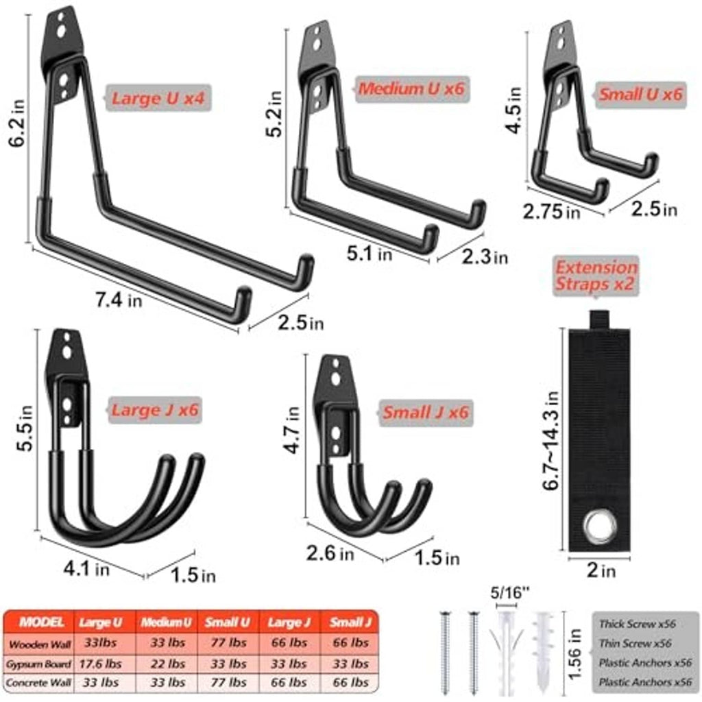 Black garage hooks with size diagram showing multiple hook types