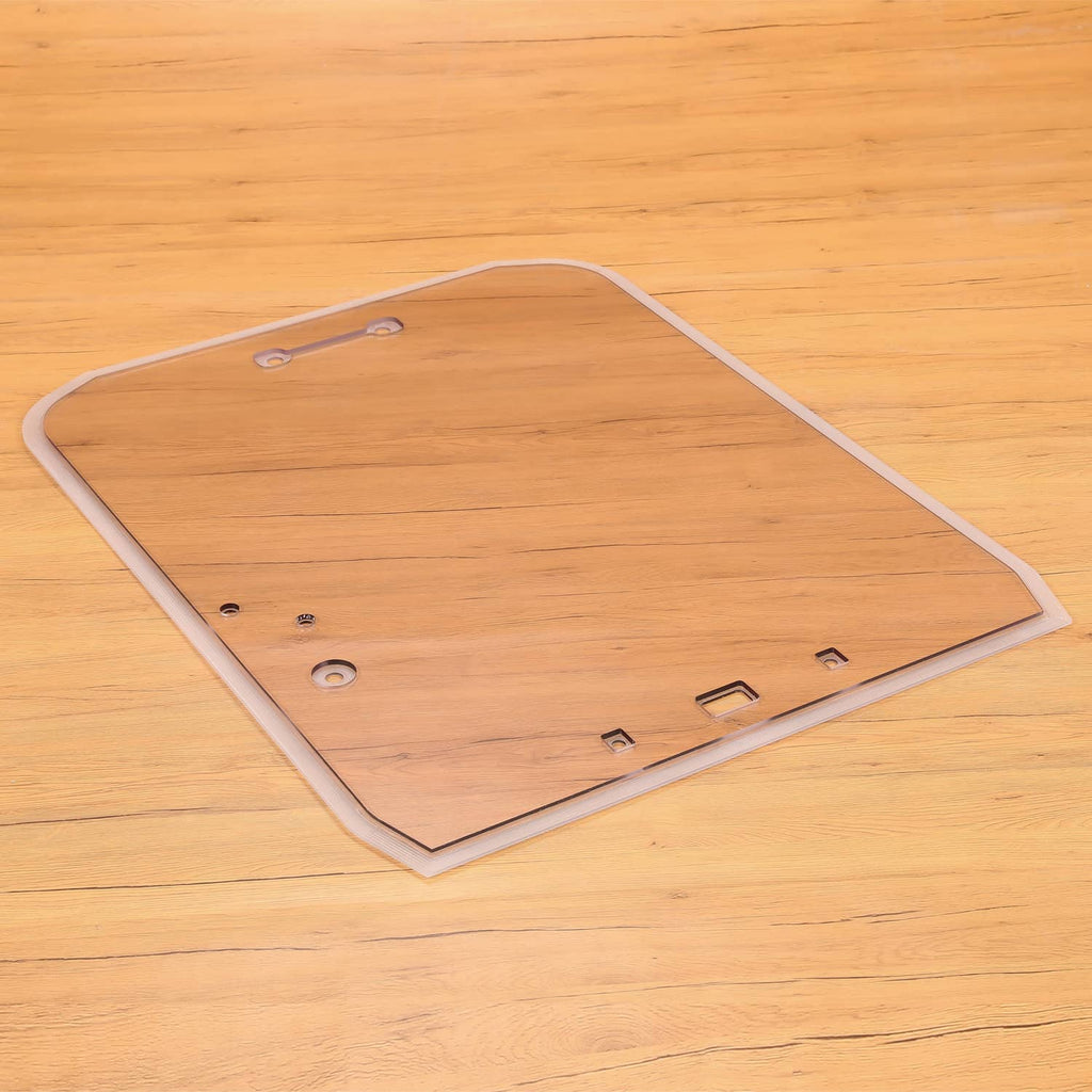 Skid steer door glass window with corner cutouts and mounting hardware