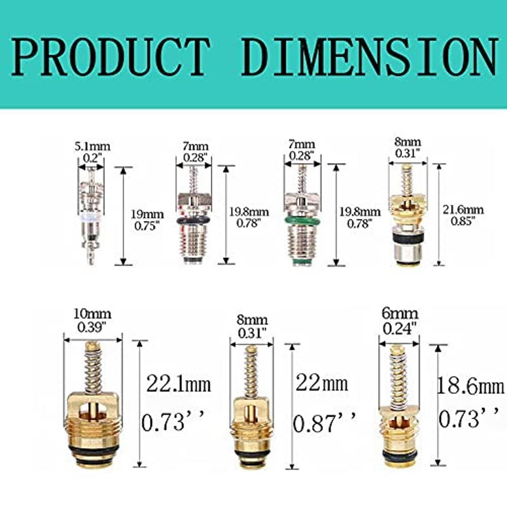 AC valve core and removal tool size diagram with labeled measurements for components