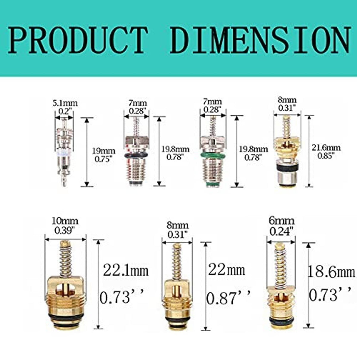 AC valve core and removal tool size diagram with labeled measurements for components