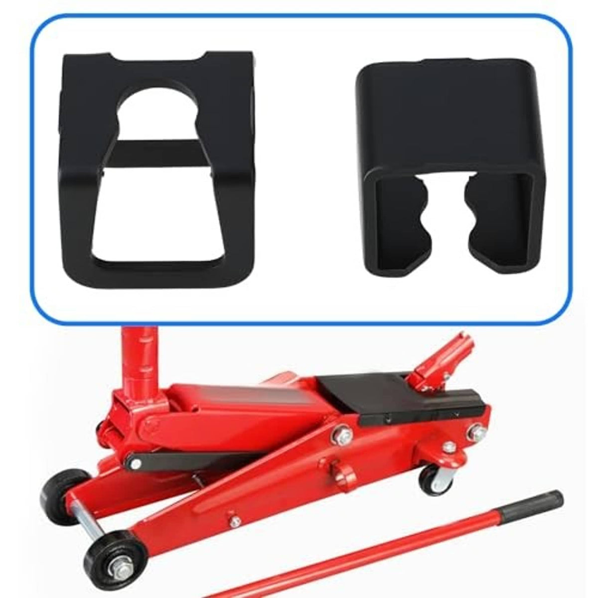 Black jack spare part covers installed on red hydraulic floor jack base.