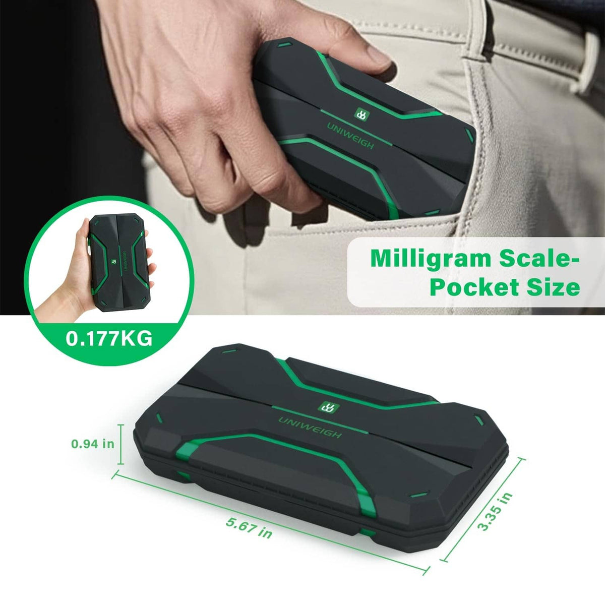 Black and green pocket milligram scale held in hand with flip case closed
