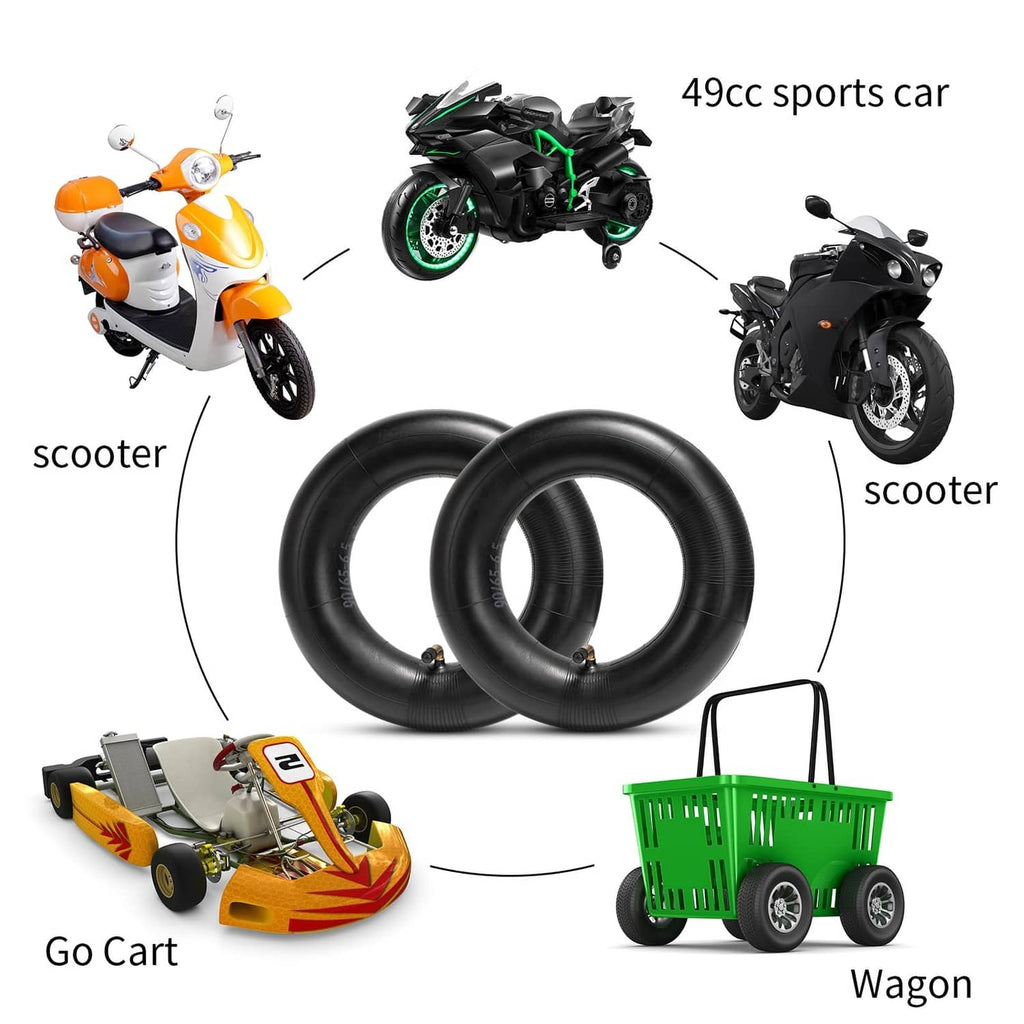 Pair of black scooter inner tubes with brass valve stems, shown together