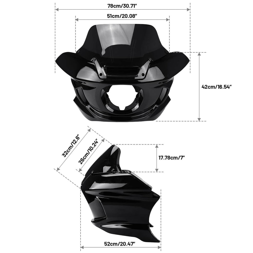 Black motorcycle headlight fairing and windshield with size diagram