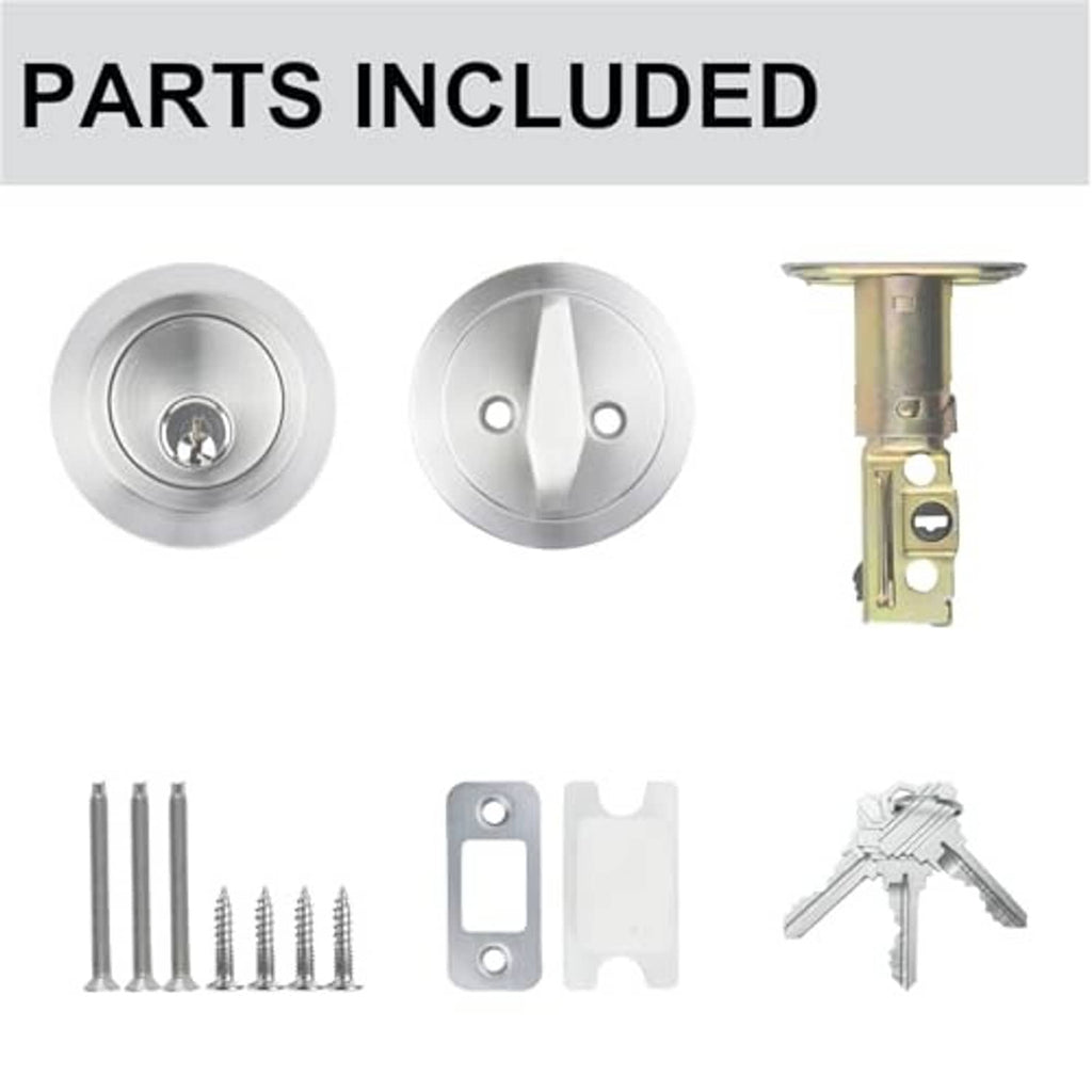 Deadbolt lock parts kit with satin nickel faceplates, latch, screws, and keys